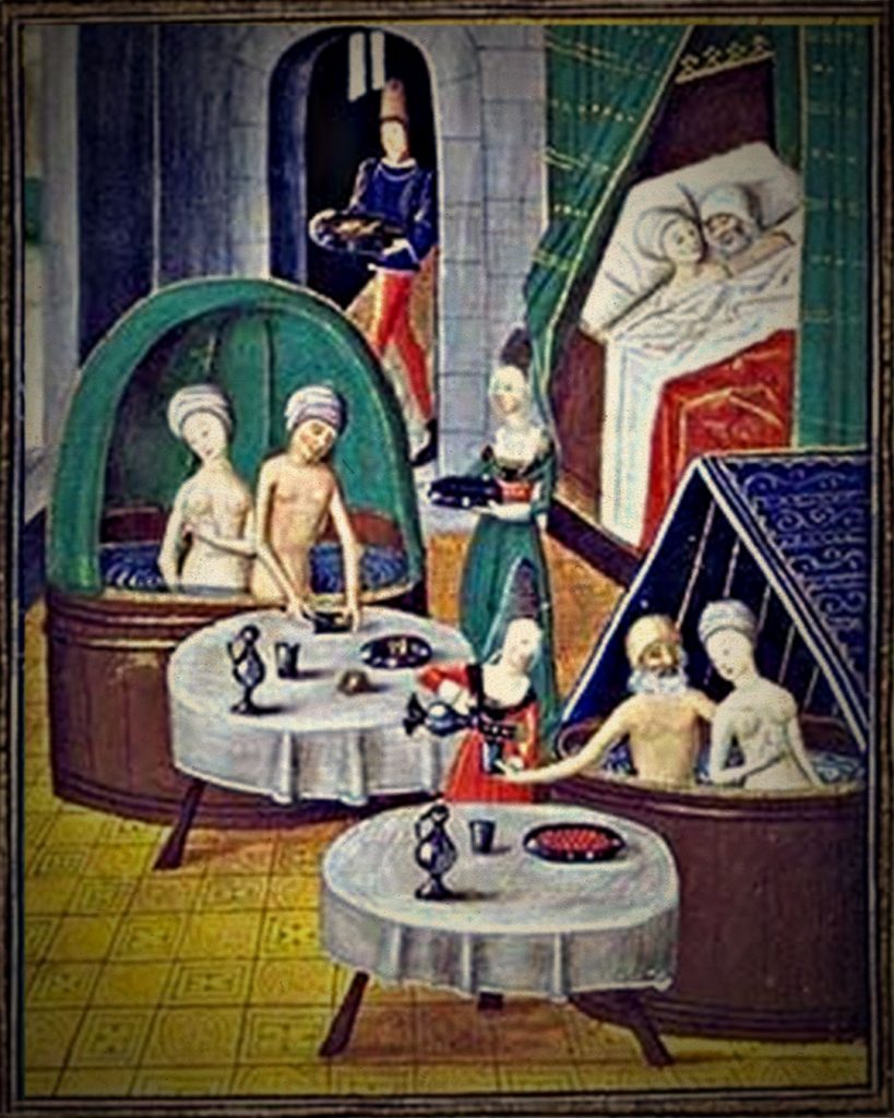Stredoveké kúpele z polovice 15. storočia. Francúzsky manuskript. Bibliotheque Nationale de France (L'Arsenal), Paríž (M. 5196)