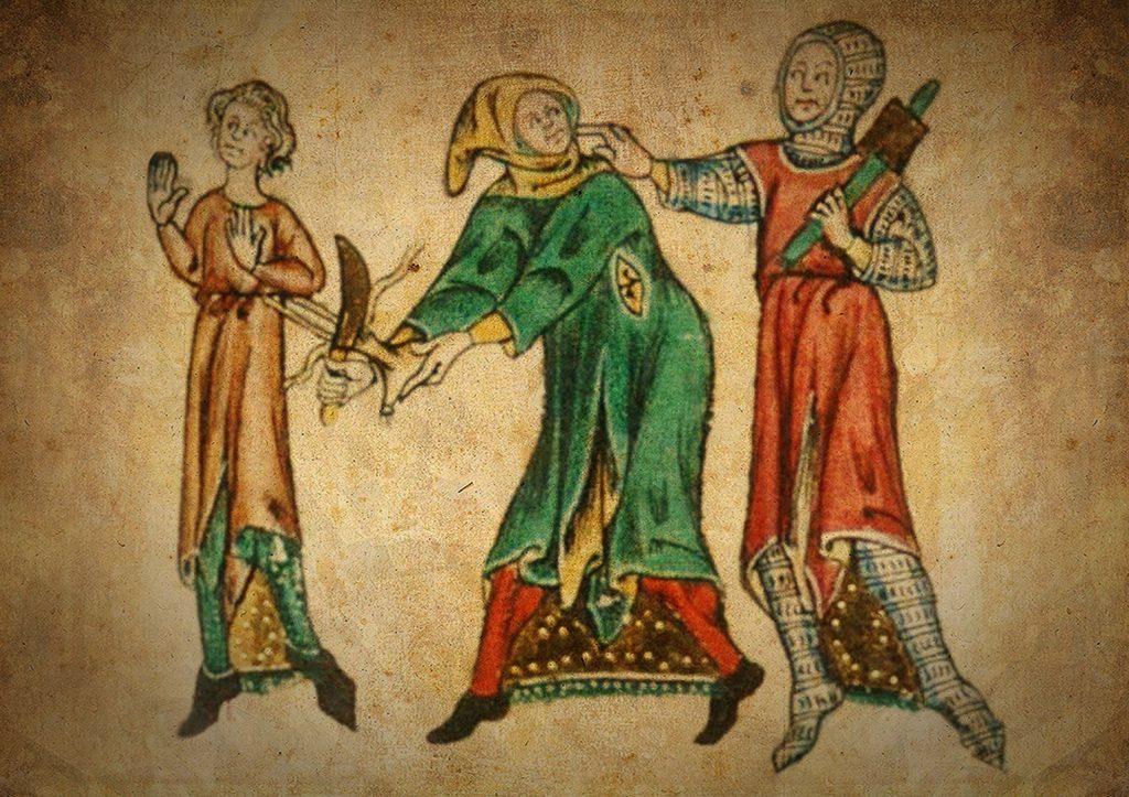 Jarmoční zlodeji, ktorí sa špecializovali na odrezávanie mešcov patrili medzi najlepších. Tento spôsob okrádania ste museli dlho cvičiť. Dobová ilustrácia z 13.-14. storočia