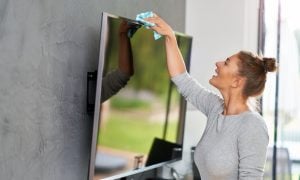 žena čistí televízor