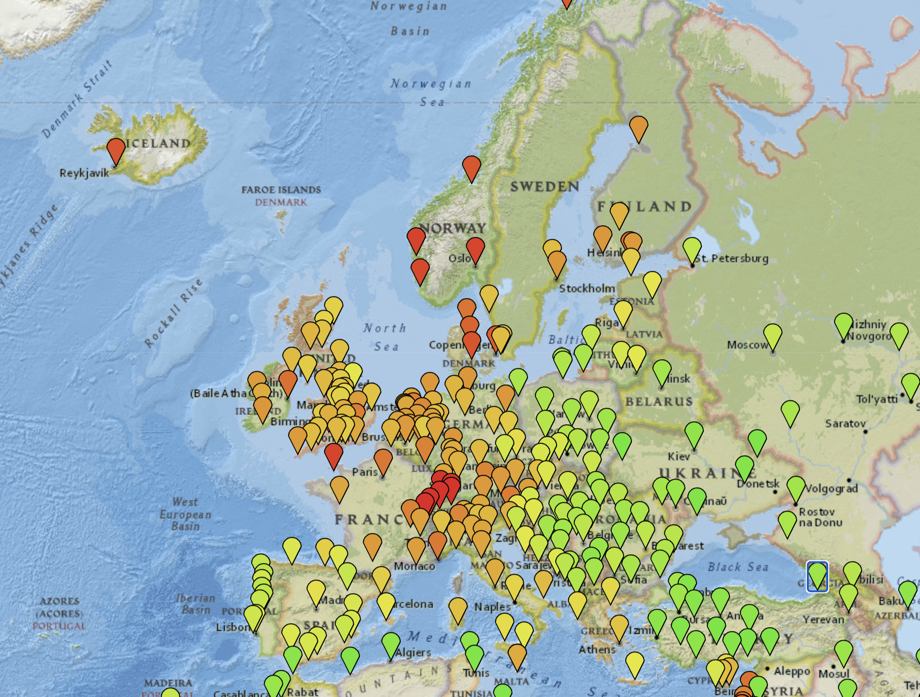 Mapa Európy, červené oblasti sú najdrahšie, zelené najlacnejšie