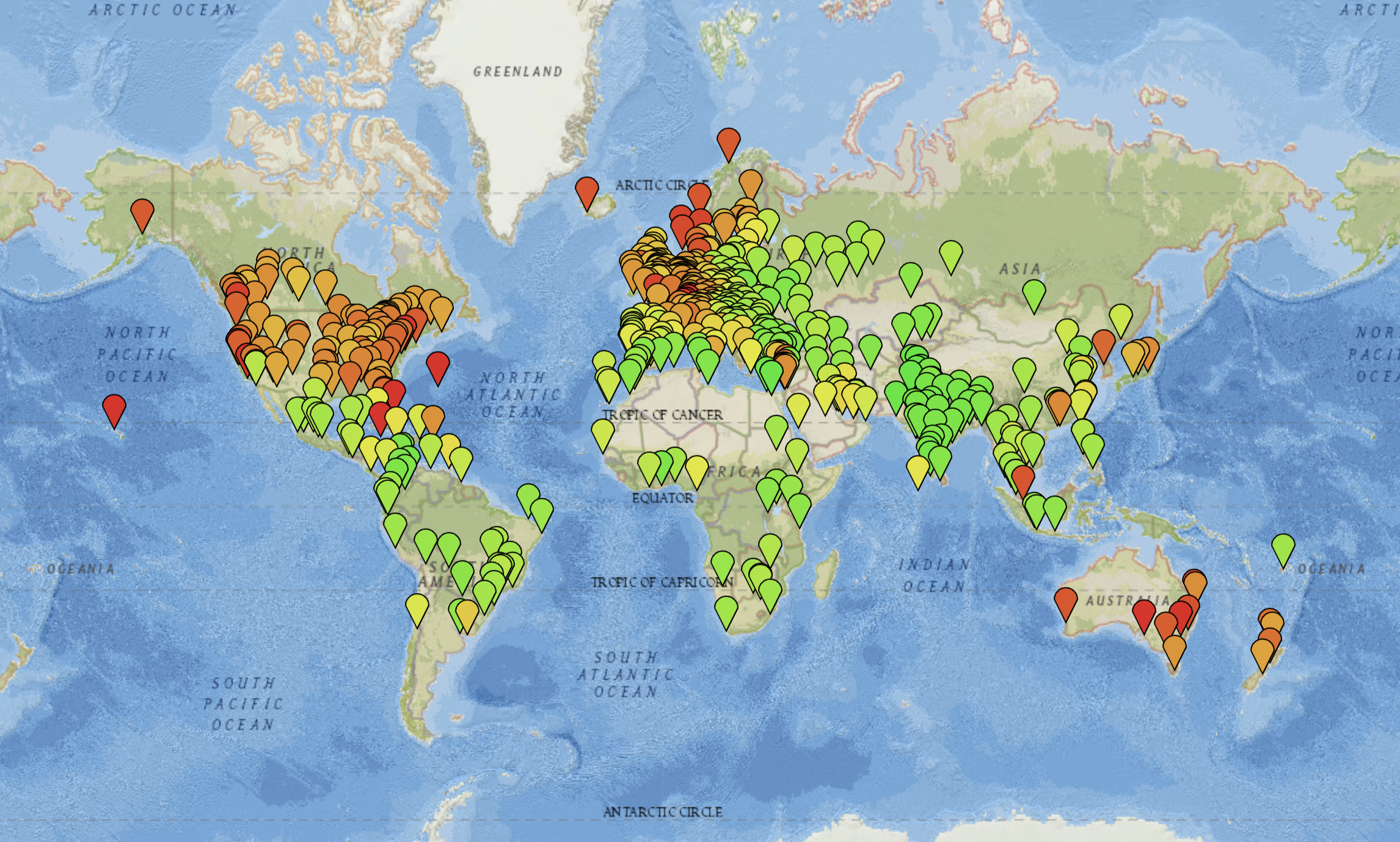 Mapa sveta - červené oblasti sú najdrahšie, zelené najlacnejšie