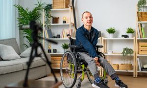 Pacient sediaci na vozíku s ochorením amyotrofická laterálna skleróza