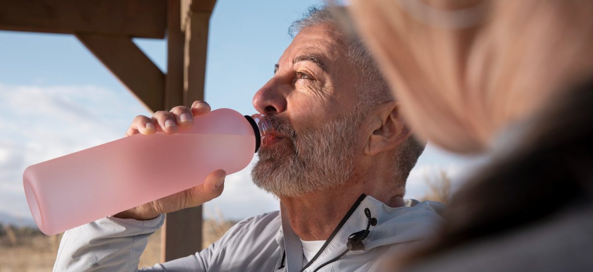 starší muž pije vodu, aby ho nepostihla dehydratácia seniorov
